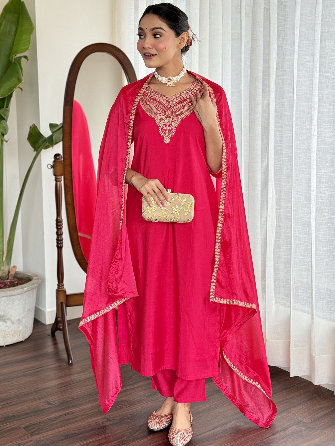 

BAESD Embroidered V-Neck Thread Work Chanderi Silk Straight Kurta & Pant With Dupatta Set, Pink