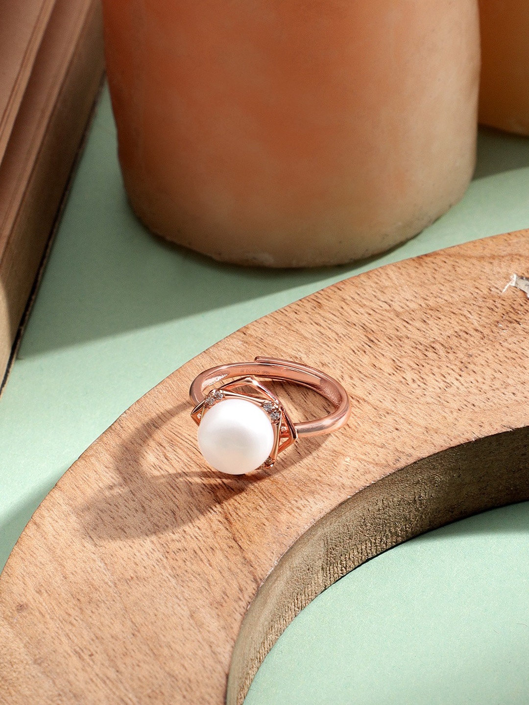

DIAVO 925 Sterling Silver Rose Gold-Plated Pearl Beaded Finger Ring