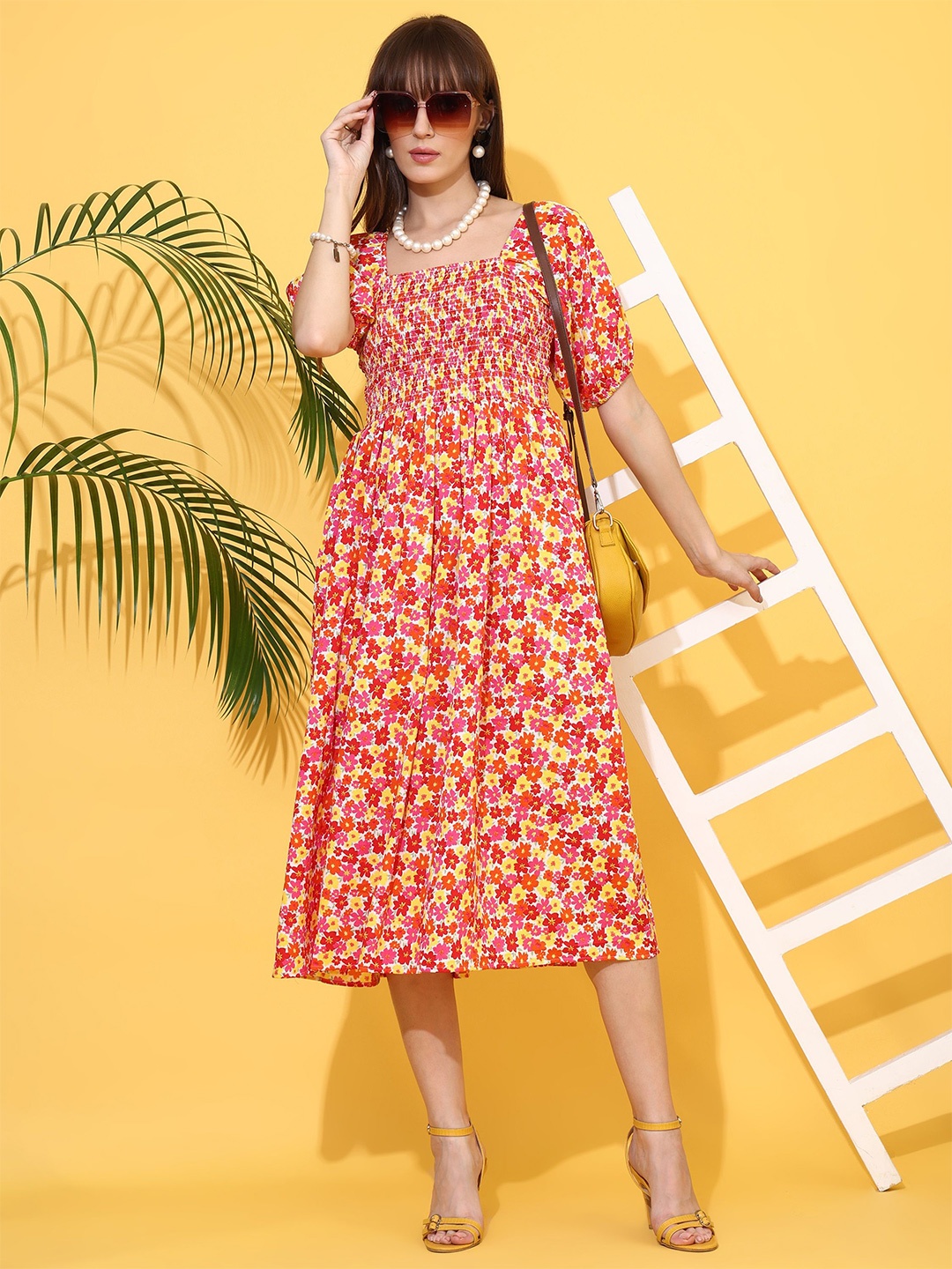 

De La Moda Floral Print Puff Sleeve Crepe Fit & Flare Midi Dress, Red