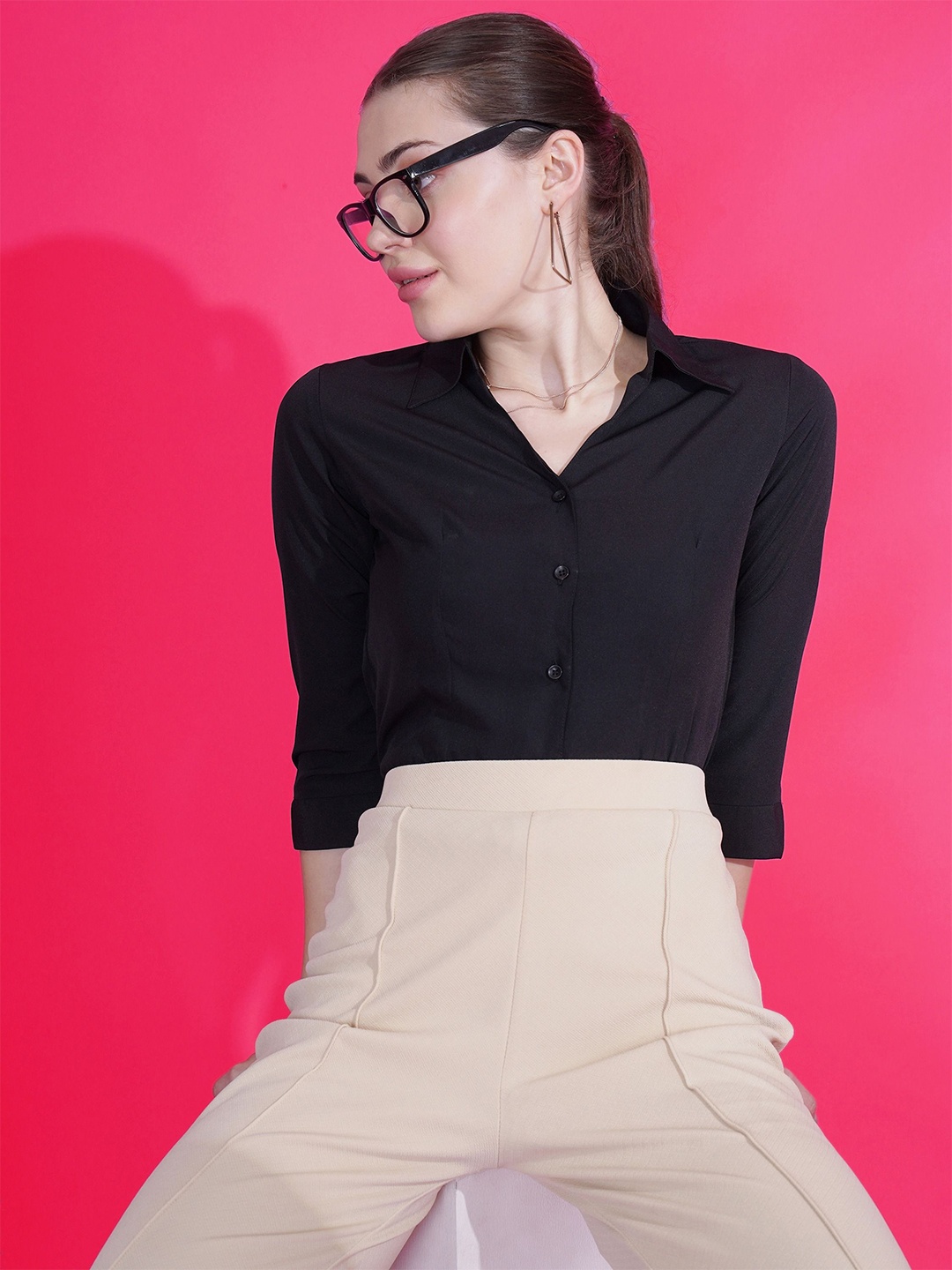 

De La Moda Women Relaxed Opaque Casual Shirt, Black