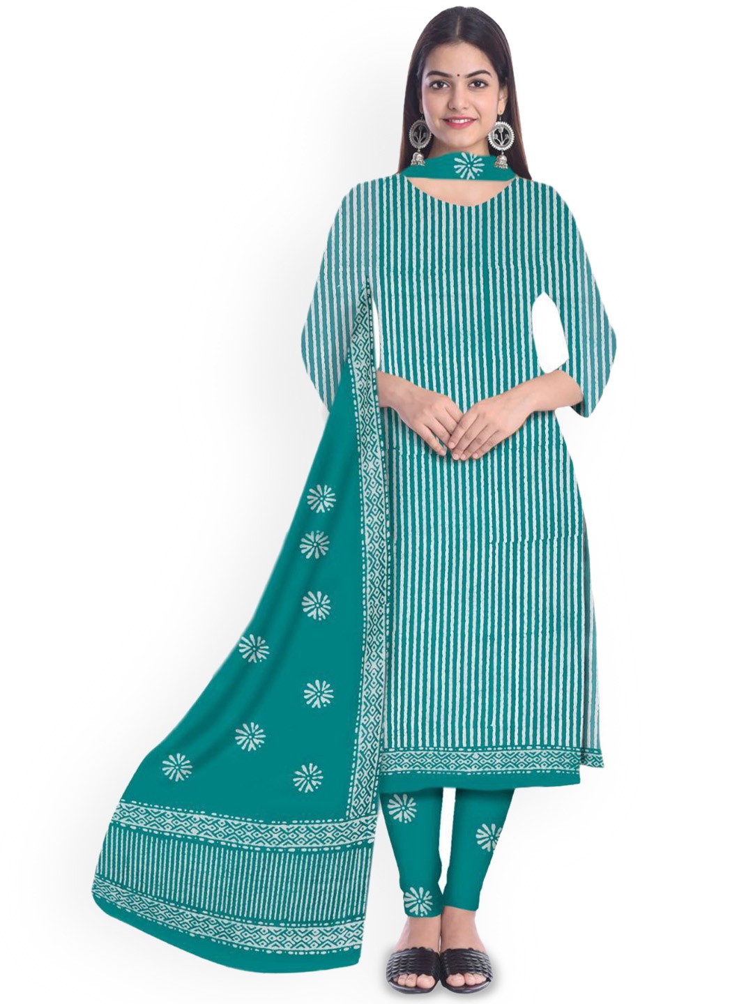 

Farooq Dyeing Striped Printed Pure Cotton Unstitched Dress Material, Teal