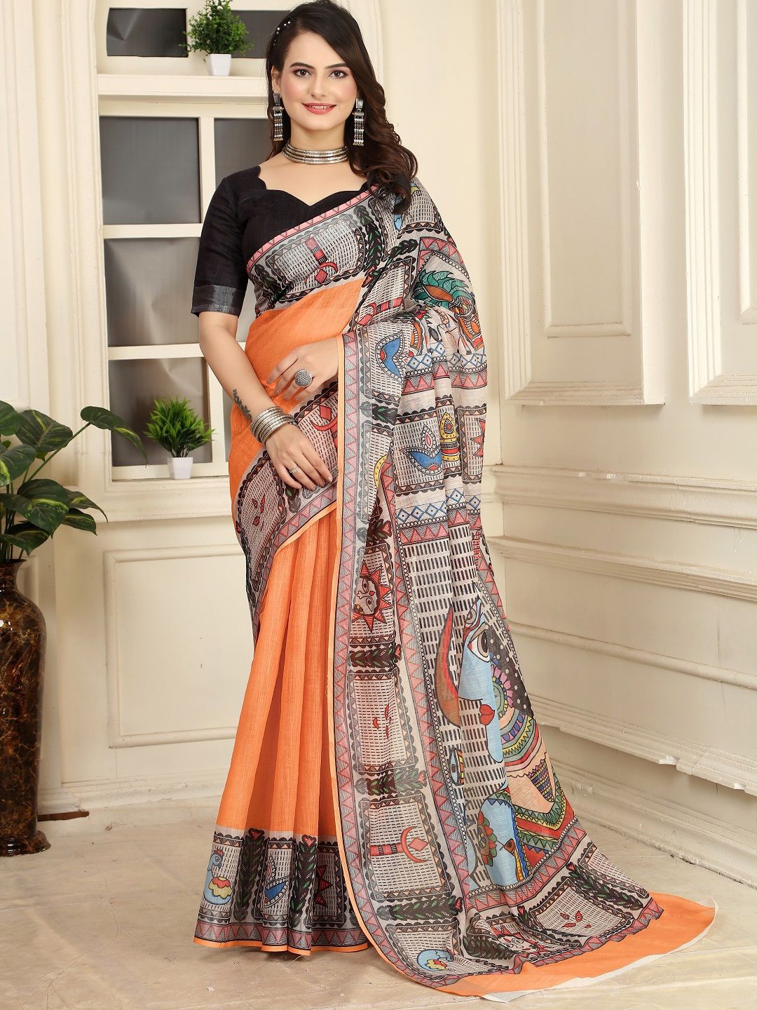 

Iris Kalamkari Printed Pure Cotton Saree, Orange