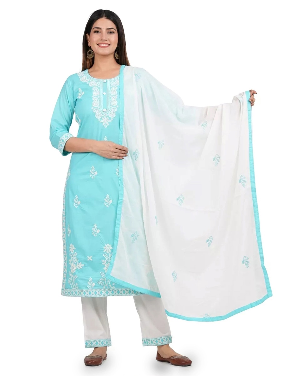

GMI Women Floral Embroidered Thread Work Pure Cotton Kurta With Trousers And Dupatta, Blue