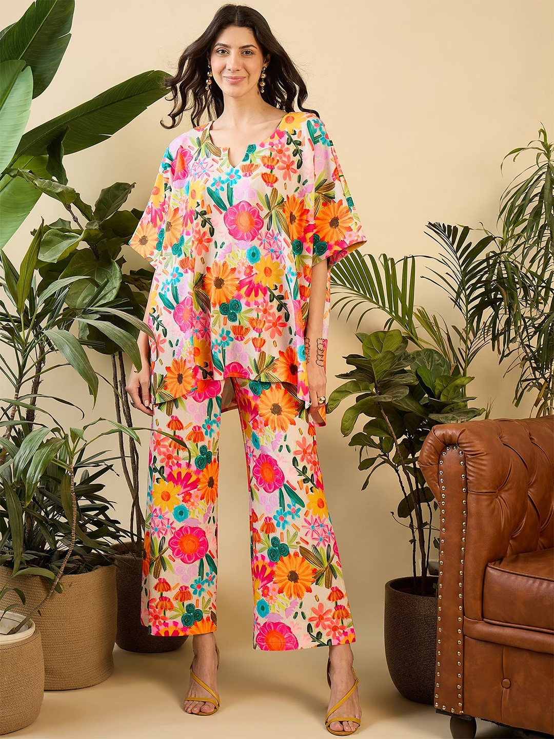 

MABISH by Sonal Jain Floral Printed Notch Neck Tunic With Trousers Co-Ords, Pink
