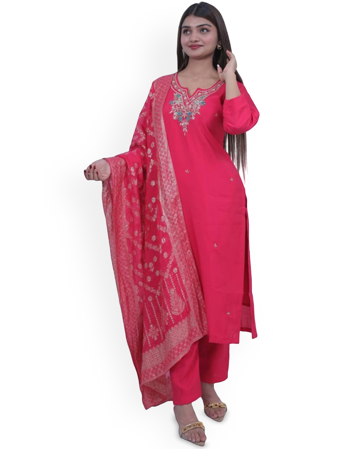 

Wavy Collection Floral Embroidered Sequinned Straight Kurta with Trouser & Dupatta, Pink
