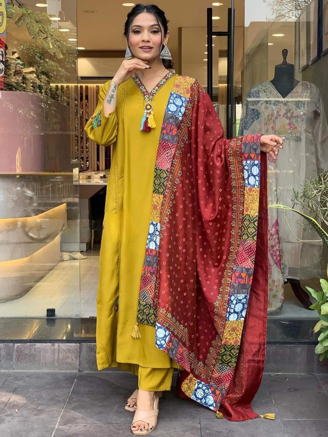 

KALINI Embroidered V-Neck Thread Work Chanderi Silk Kurta Pant Maroon Dupatta, Yellow