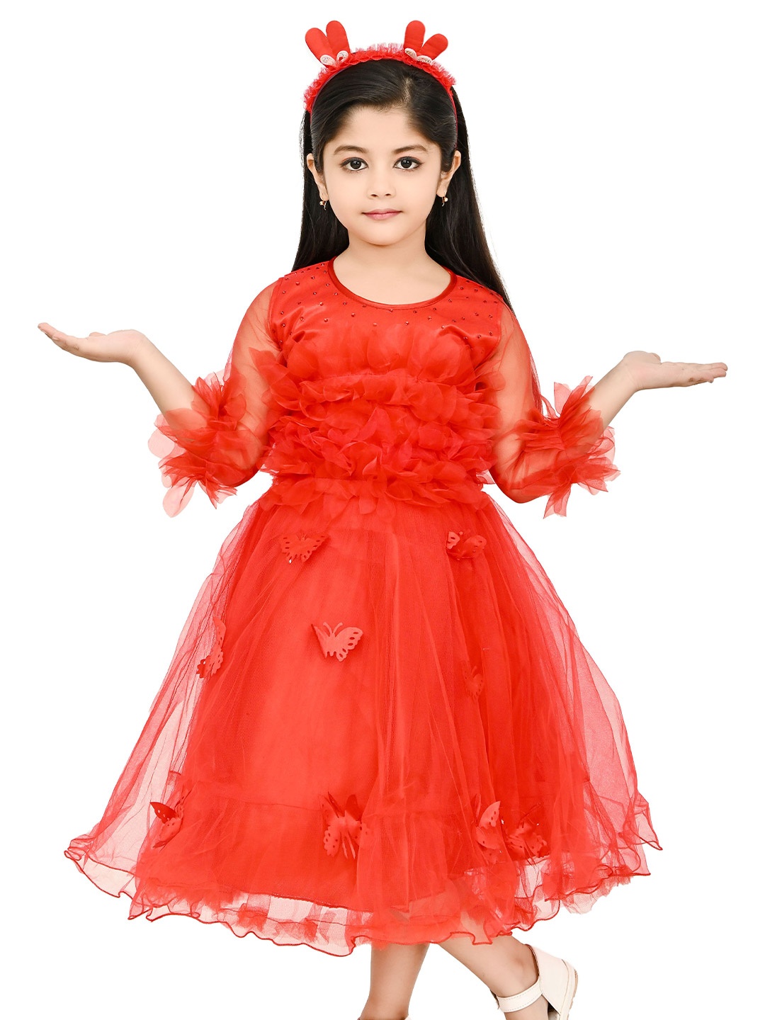 

Zenat Flared Sleeve Layered Net Fit & Flare Dress, Red
