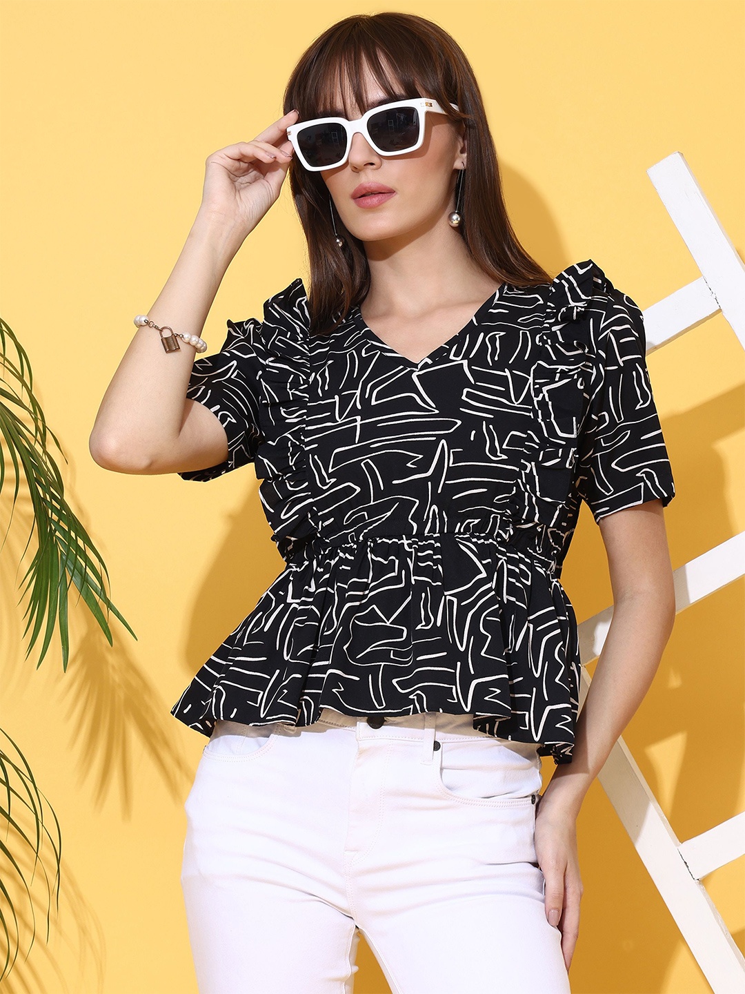 

De La Moda Print Puff Sleeve Crepe Top, Black