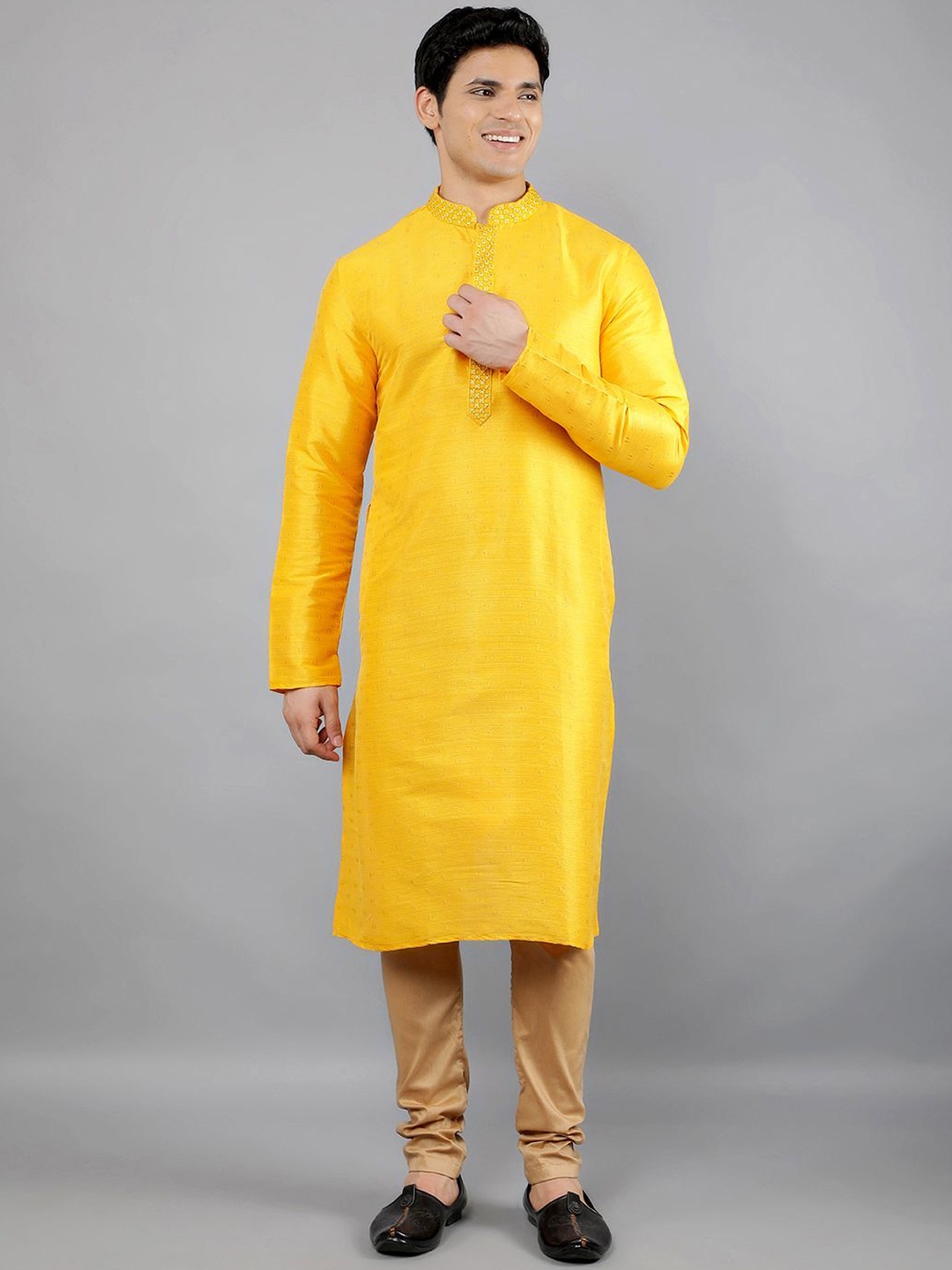 

Manish Creations Geometric Woven Design Mandarin Collar Thread Work Kurta With Churidar, Mustard