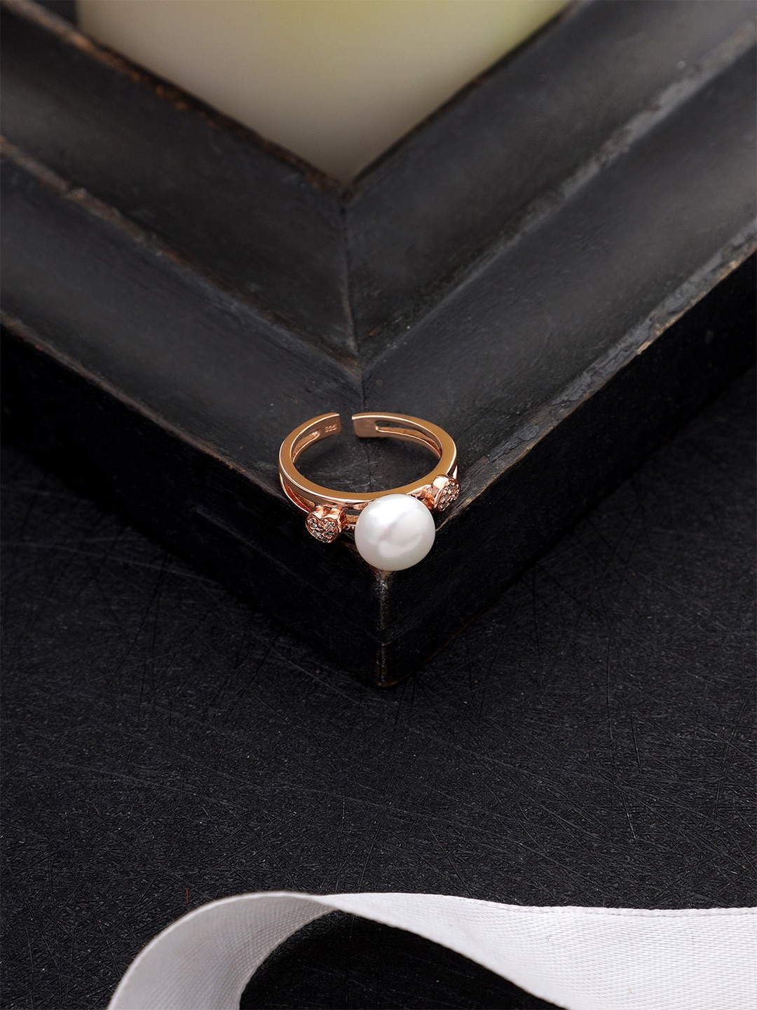 

Stellar 925 Sterling Silver Artificial Stones Studded & Pearls Beaded Open Finger Ring, Rose gold