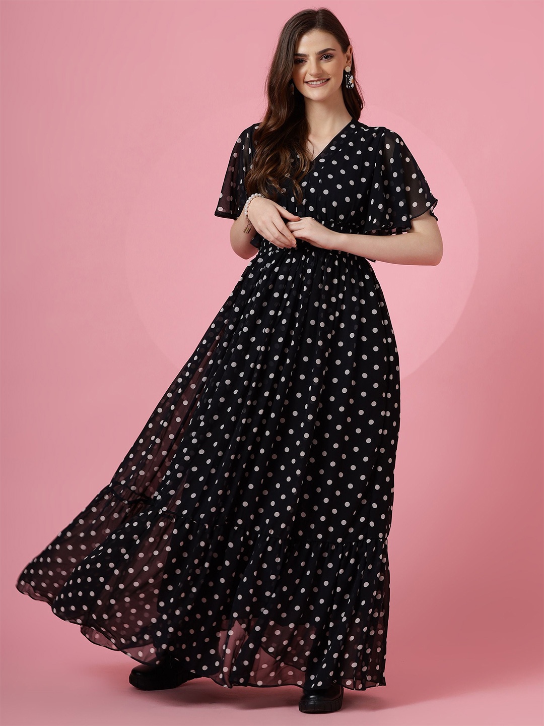 

De La Moda Polka Dot Print Flared Sleeve Georgette Fit & Flare Maxi Dress, Black