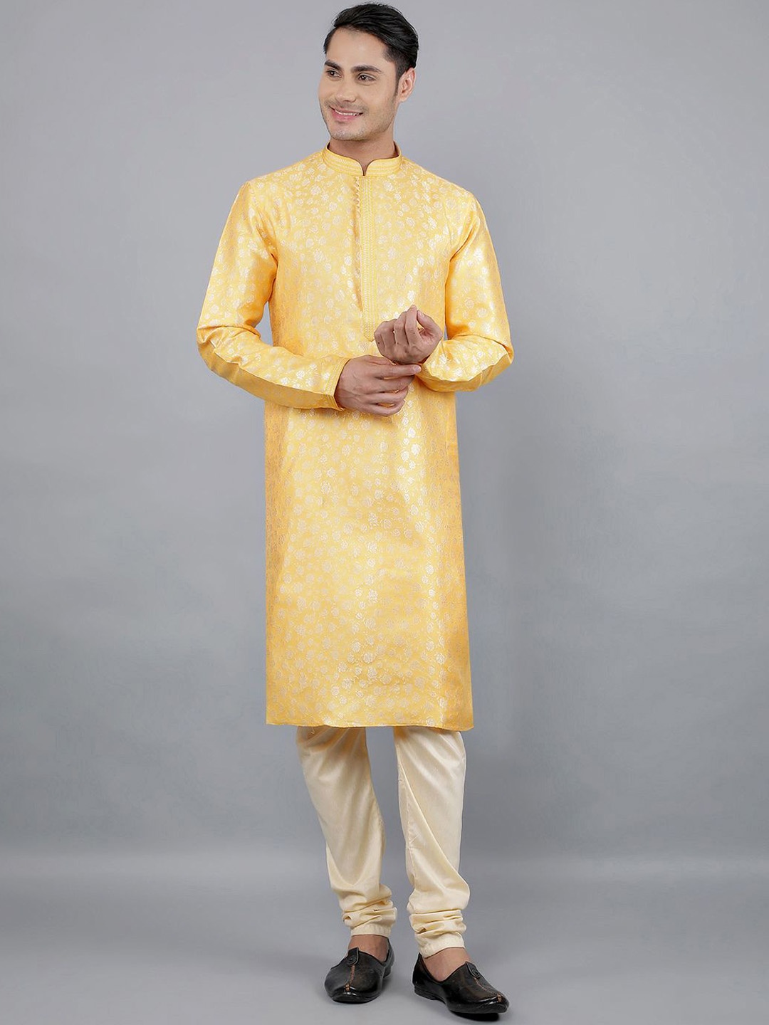 

Manish Creations Woven Design Band Collar Jacquard Kurta with Churidar, Mustard