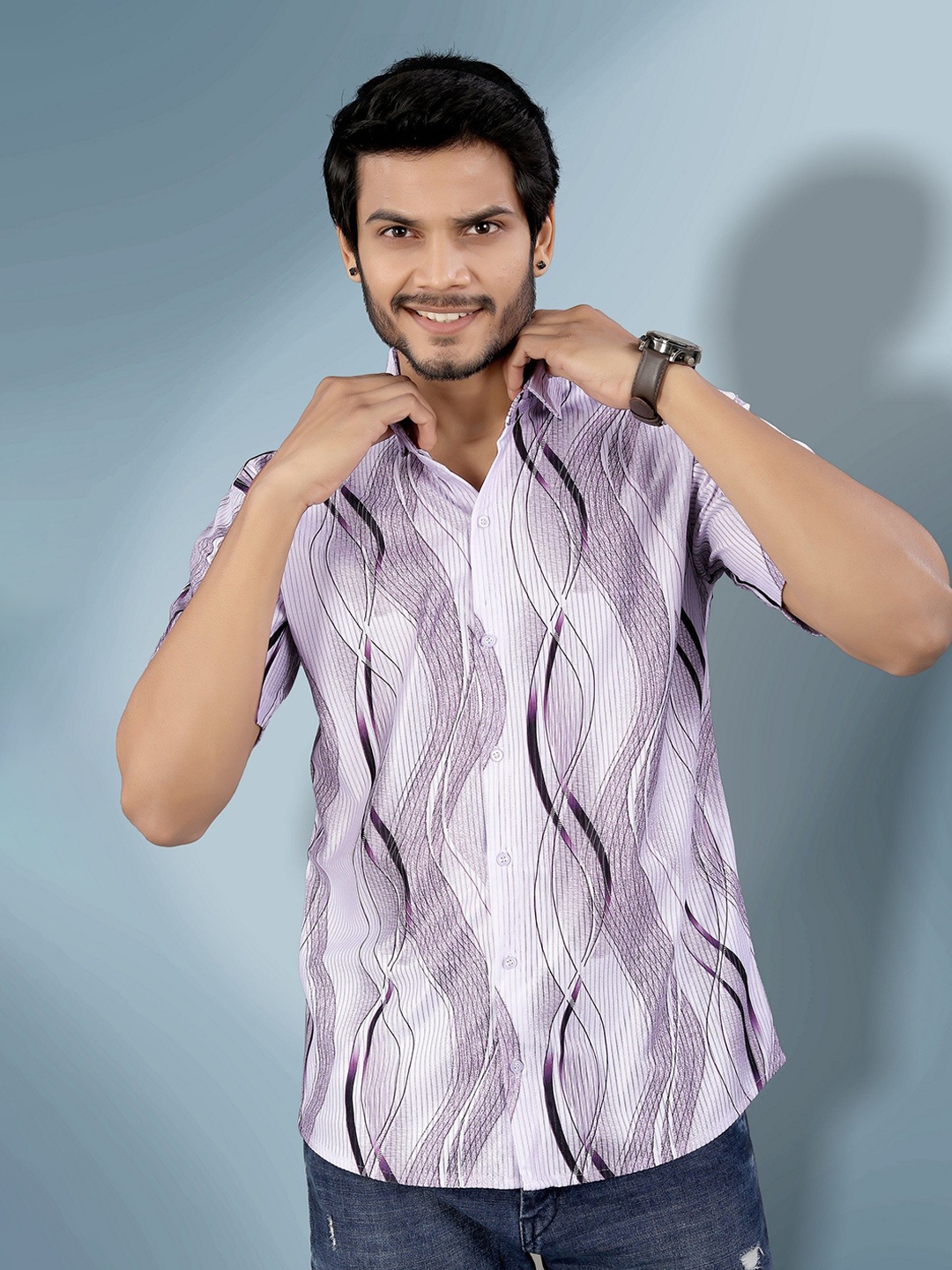 

Metronaut Men Semi Sheer Printed Casual Shirt, Lavender