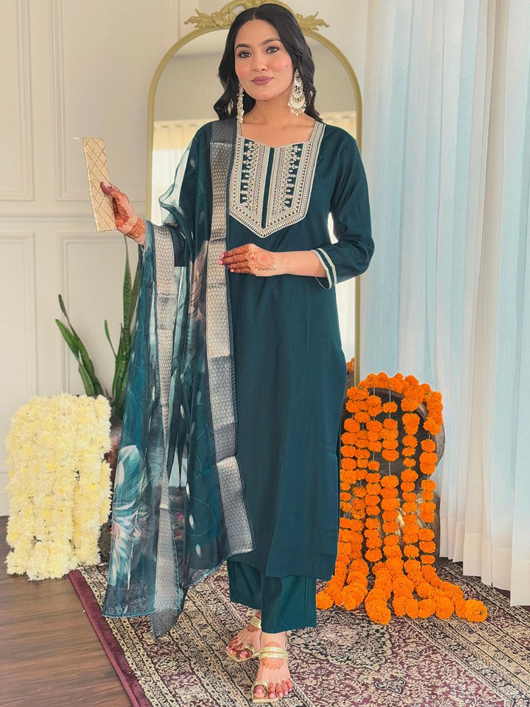 

KALINI Embroidered Straight Kurta With Trousers & Dupatta, Teal