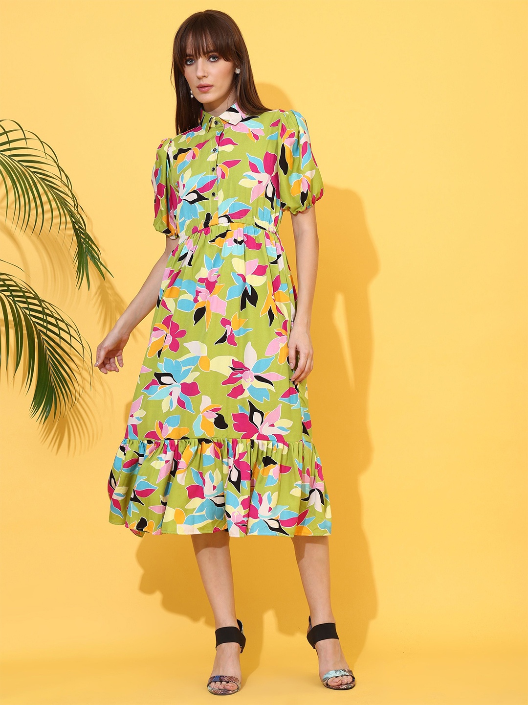 

De La Moda Floral Print Puff Sleeve Crepe Shirt Midi Dress, Multi