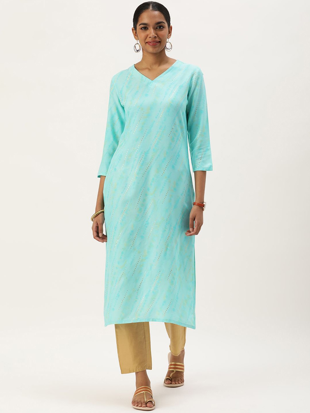 

DIVASTRI Abstract Printed V-Neck Three-Quarter Sleeves Straight Kurta, Blue