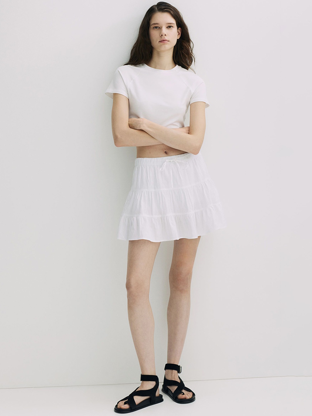 

H&M Women Flared Tiered Cotton Skirt, White