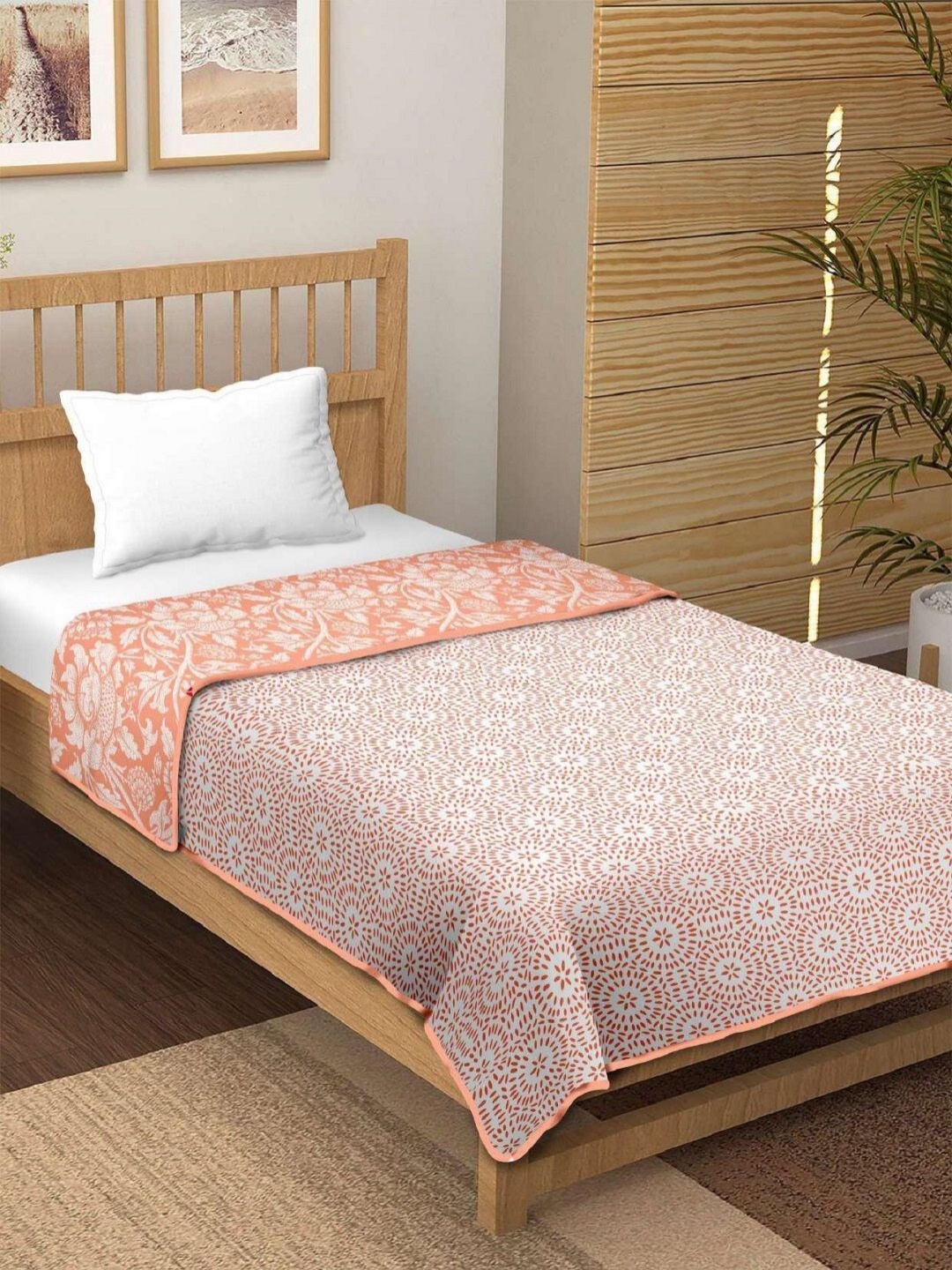 

CHICERY Orange & White Floral Printed AC Room 210 GSM Double Bed Dohar