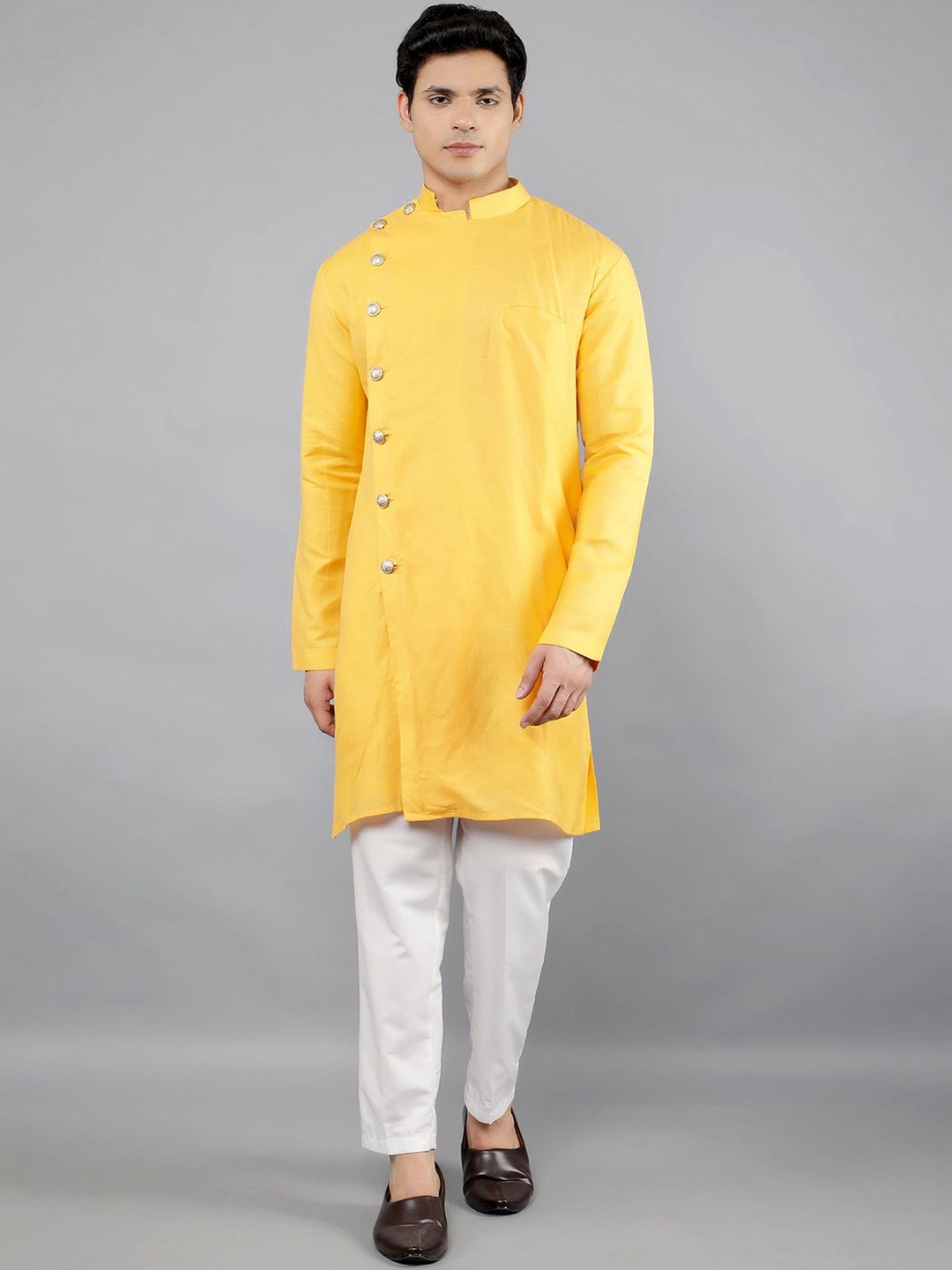 

Manish Creations Woven Design Band Collar Kurta with Churidar, Yellow