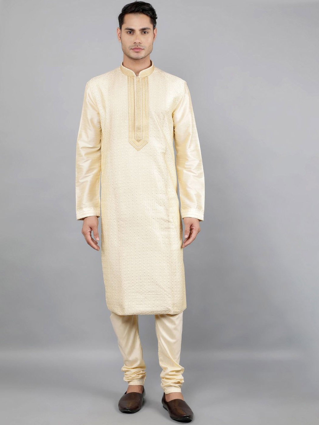 

Manish Creations Geometric Woven Design Band Collar Kurta with Churidar, Brown