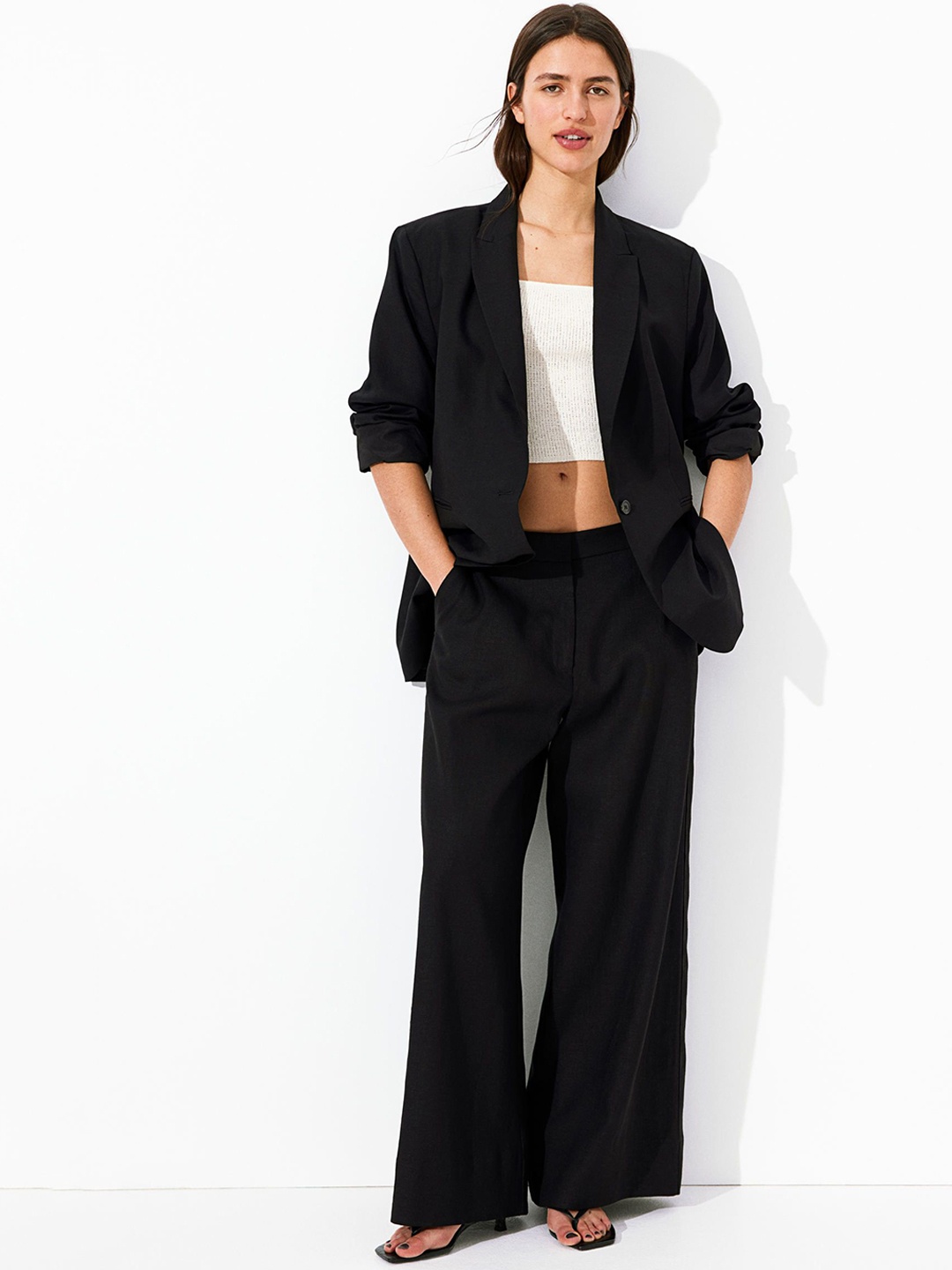 

H&M Women Wide Linen-Blend Trousers, Black