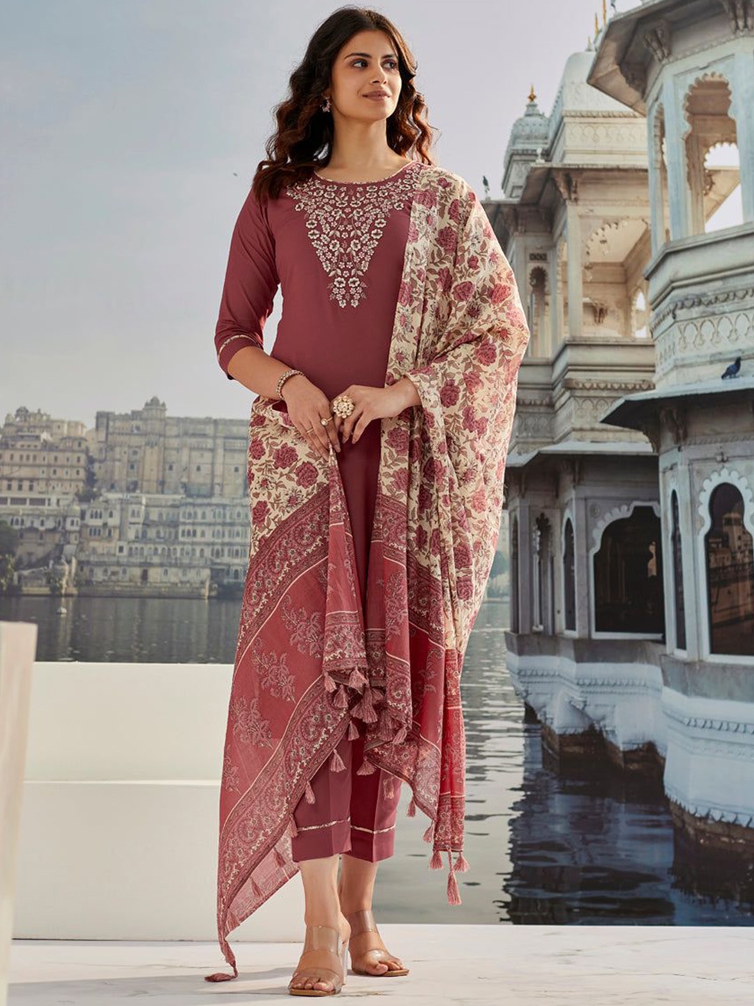 

Anara Floral Yoke Design Thread Work Pure Cotton Straight Kurta With Trousers & Dupatta, Maroon