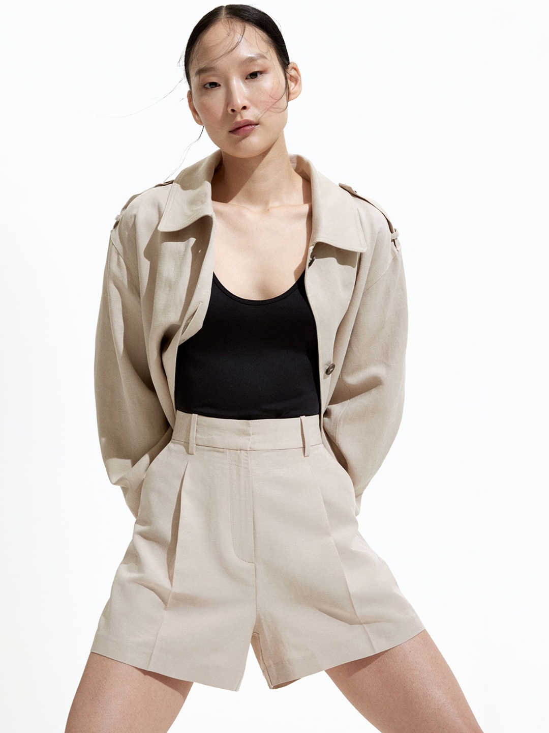 

H&M Women Linen-Blend Shorts, Beige