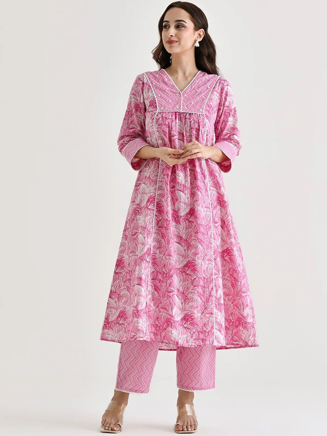 

Anara Floral Printed V-Neck Pleated Beads & Stones Jute Cotton A-Line Kurta With Trousers, Pink