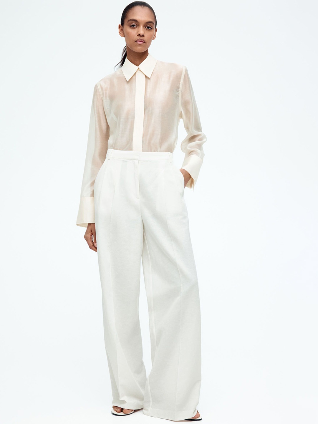 

H&M Wide Linen-Blend Trousers, White