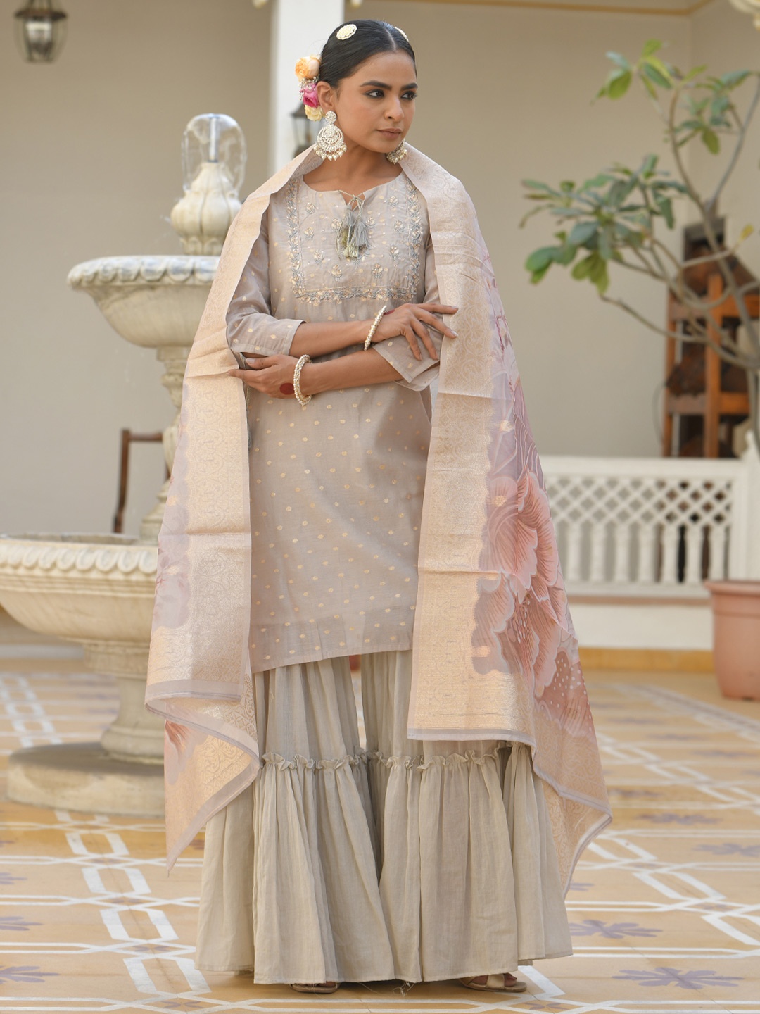 

VAASVA JAIPUR Floral Woven Design Chanderi Silk Straight Kurta With Sharara & Dupatta, Beige