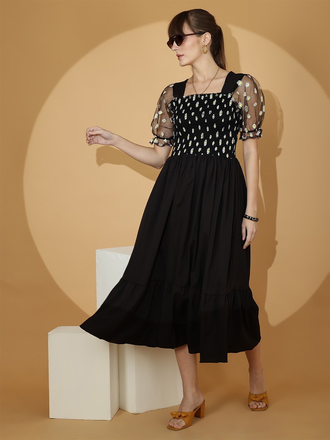 

De La Moda Floral Print Puff Sleeve Crepe Fit & Flare Midi Dress, Black