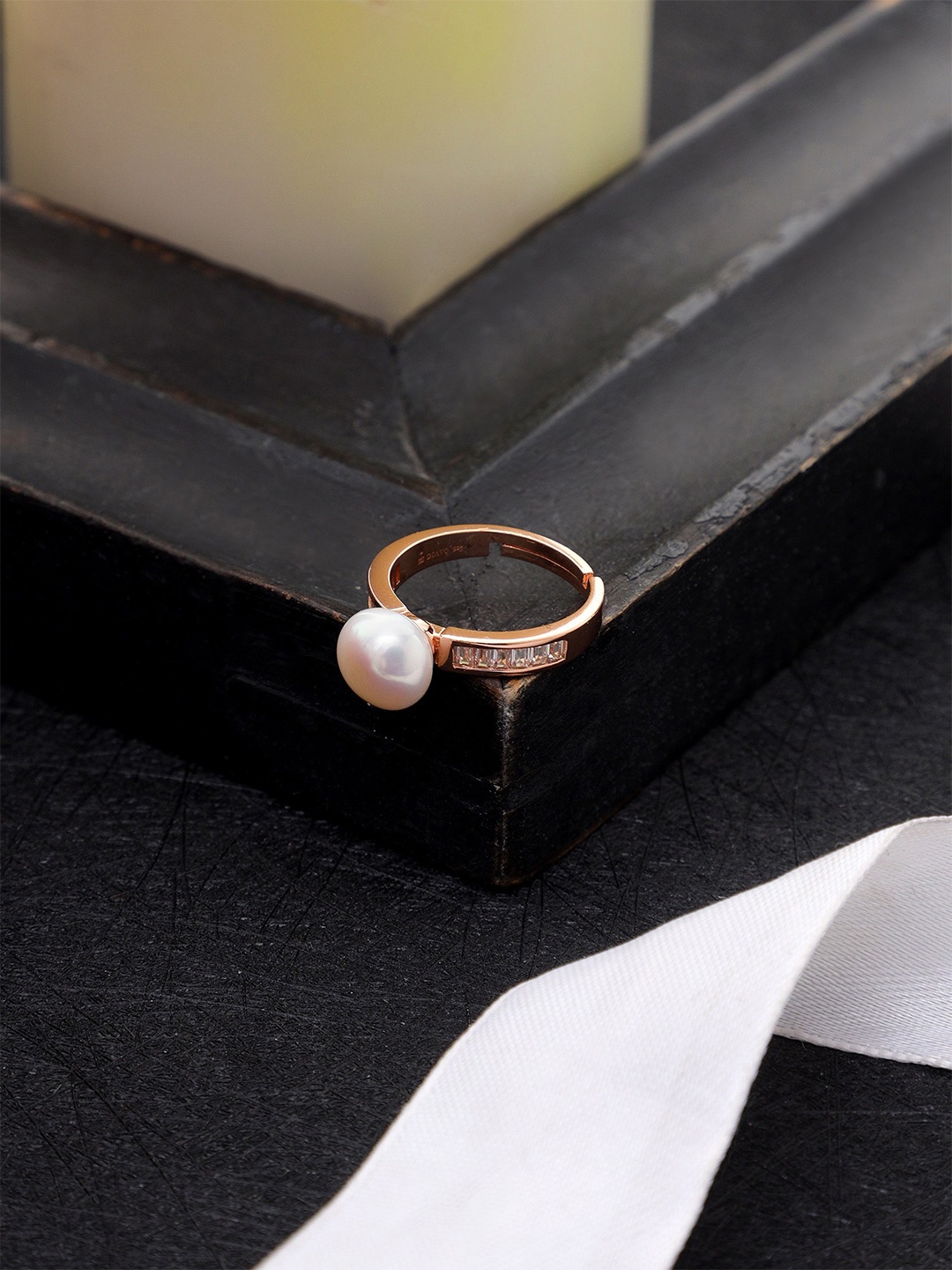 

DIAVO 925 Sterling Silver Rose Gold-Plated Ornate Pearl Studded Finger Ring