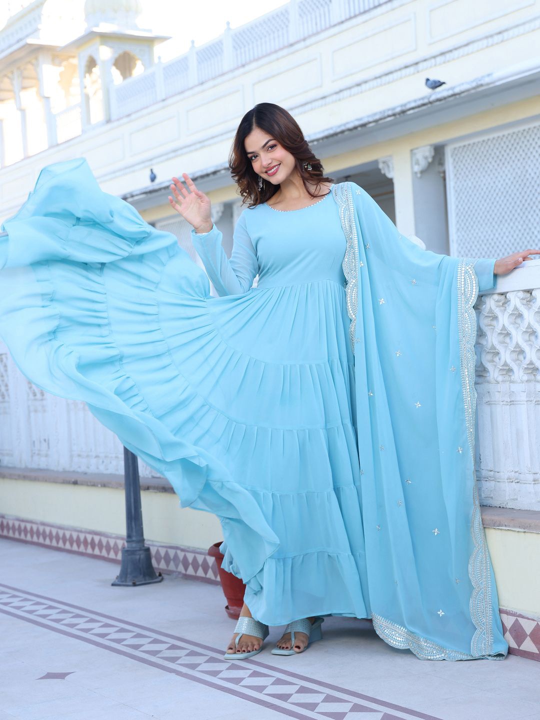

Ethnic Yard Layered Georgette Kurta With Pyjamas And Dupatta, Blue