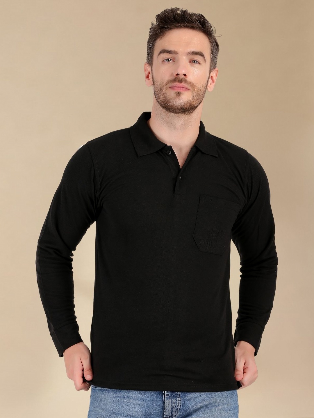 

SMAN Men Polo Collar Pockets T-shirt, Black