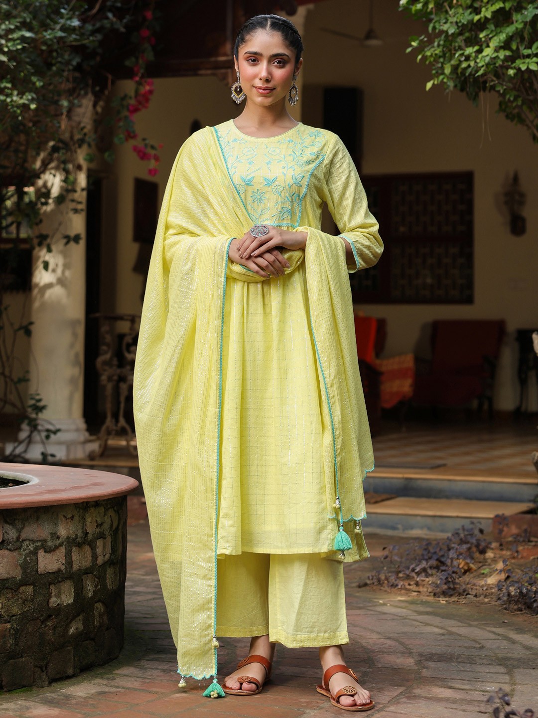 

SAVI Floral Yoke Design Pleated Thread Work A-Line Kurta With Palazzo & Dupatta, Yellow