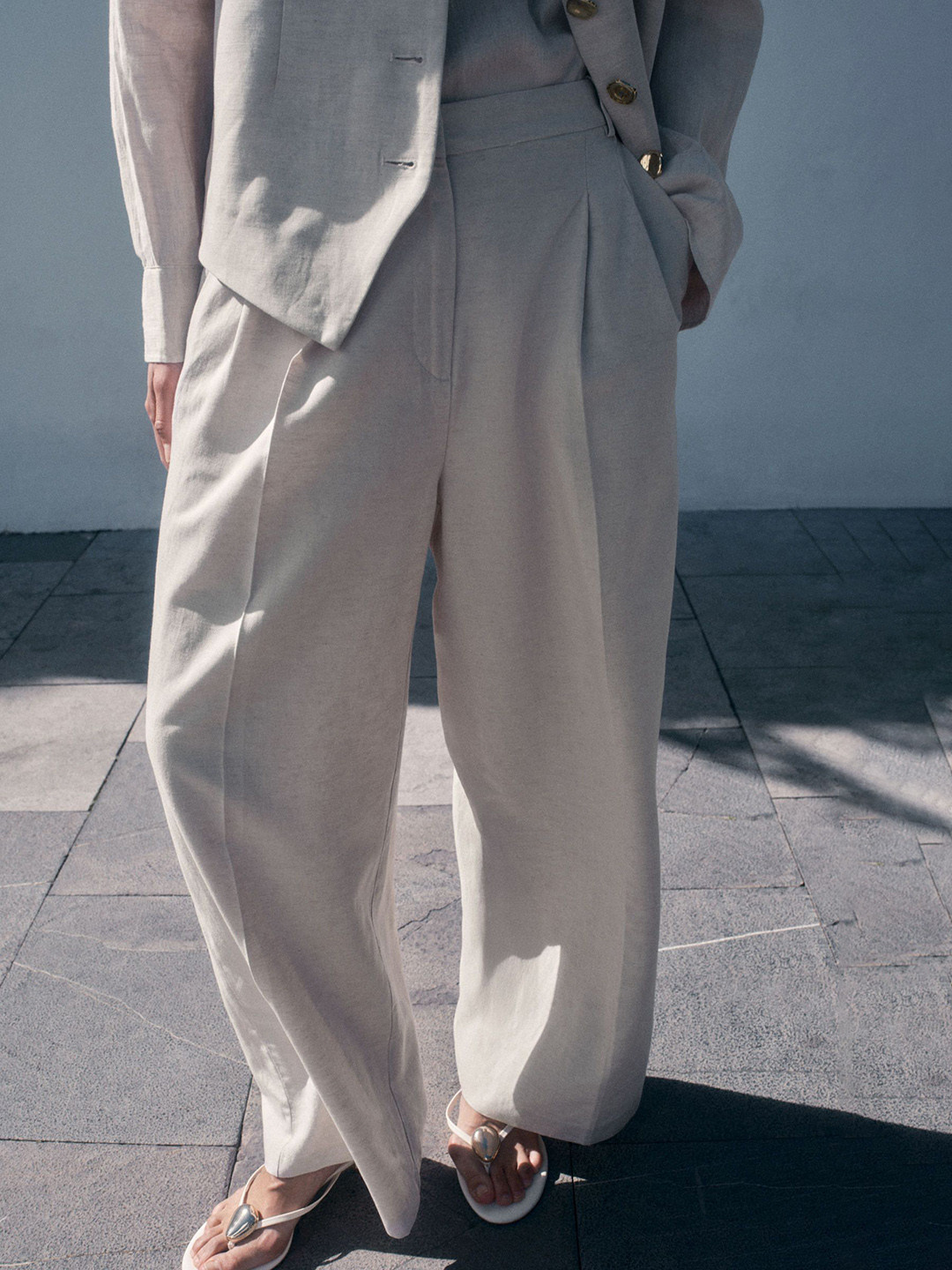 

H&M Wide Linen-Blend Trousers, Beige