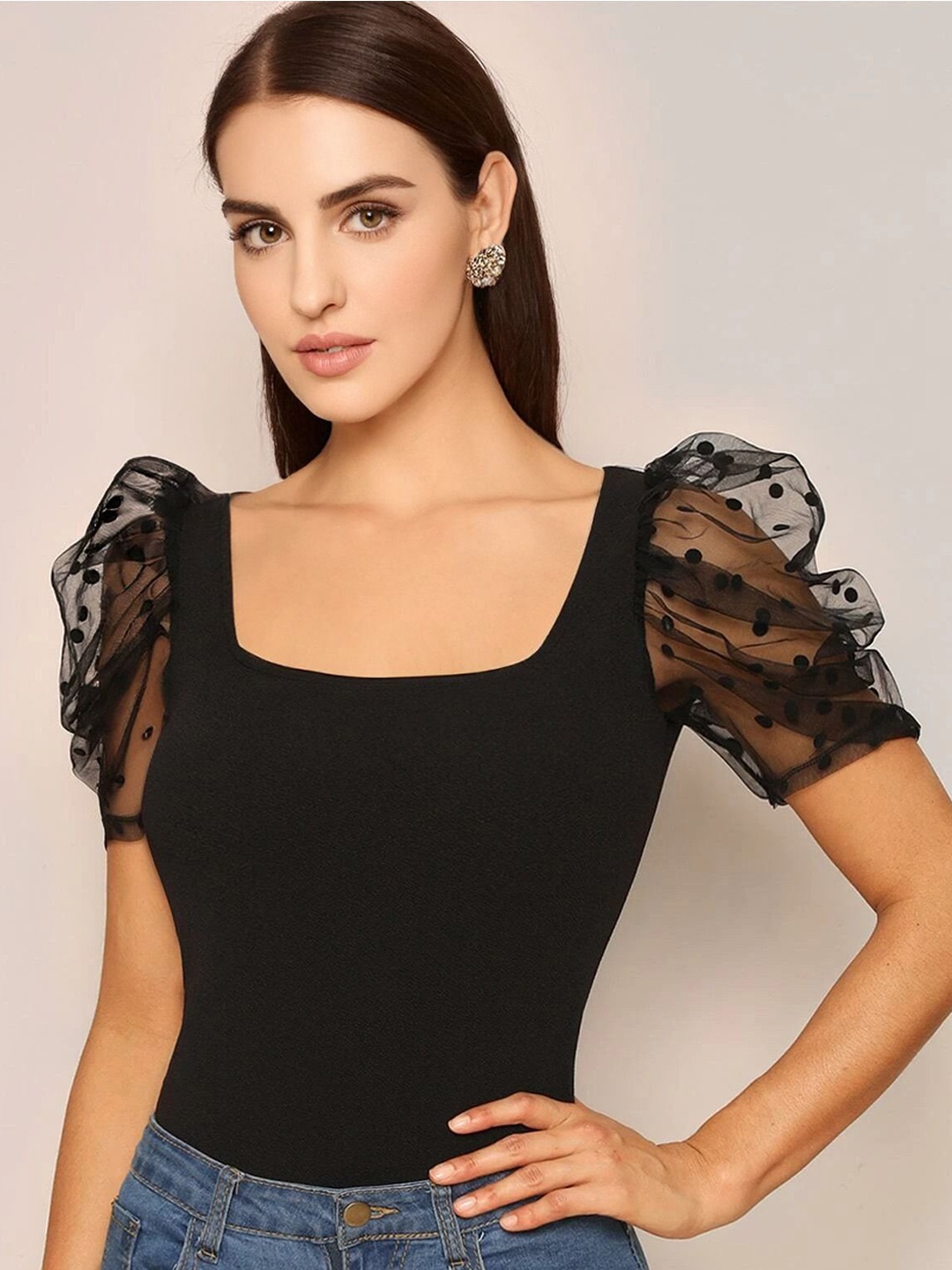 

De La Moda Puff Sleeve Top, Black