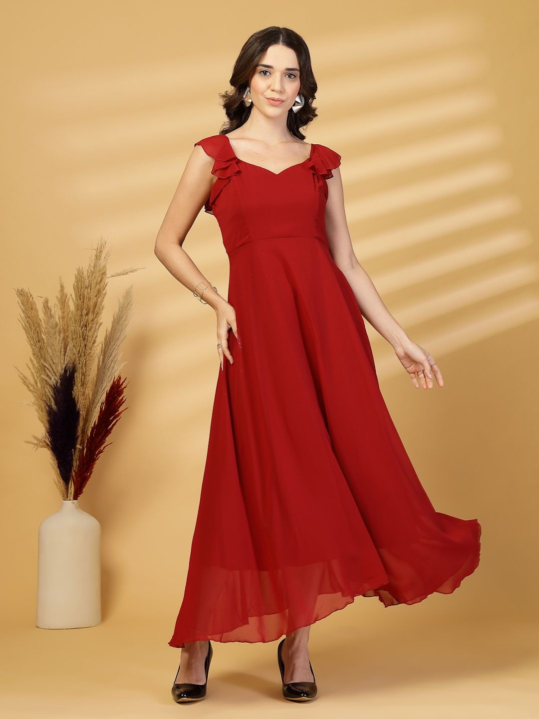 

T TRYON ULTIMATE Georgette Fit & Flare Maxi Dress, Maroon