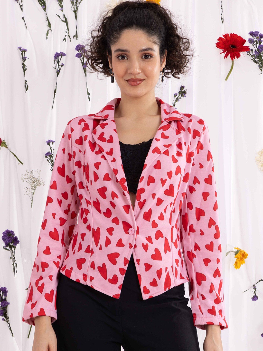 

BAESD Printed Notched Collar Single Breasted Blazer, Pink