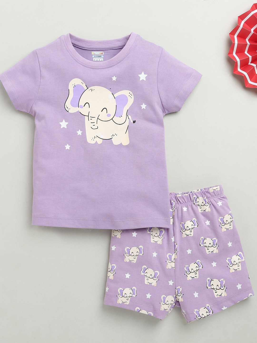 

BUMZEE Girls Printed Round Neck Pure Cotton T-Shirt With Shorts, Lavender