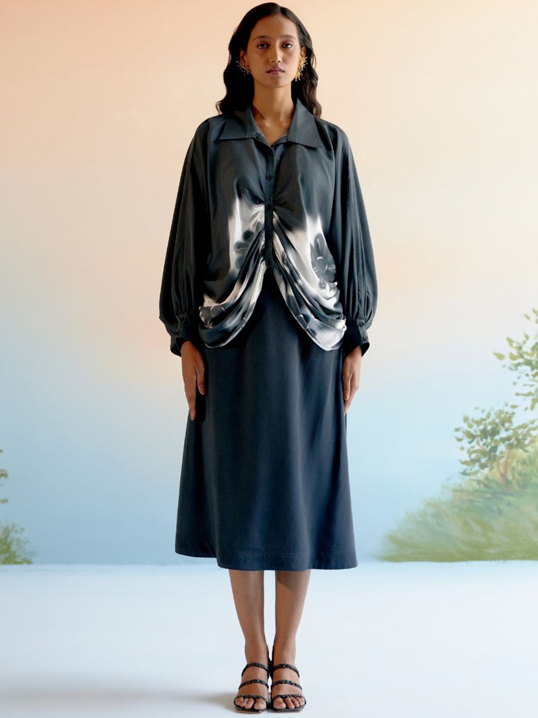 

ECHO STUDIO Susie Printed Shirt Collar Pure Cotton Top & Skirt, Black