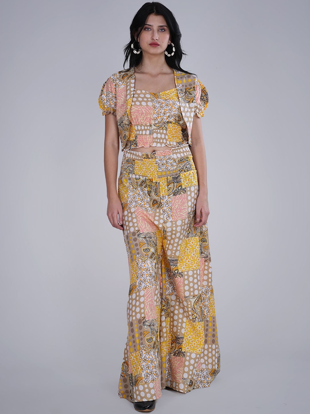 

BAESD Printed Shoulder Straps Top With Palazzos And Jacket, Yellow