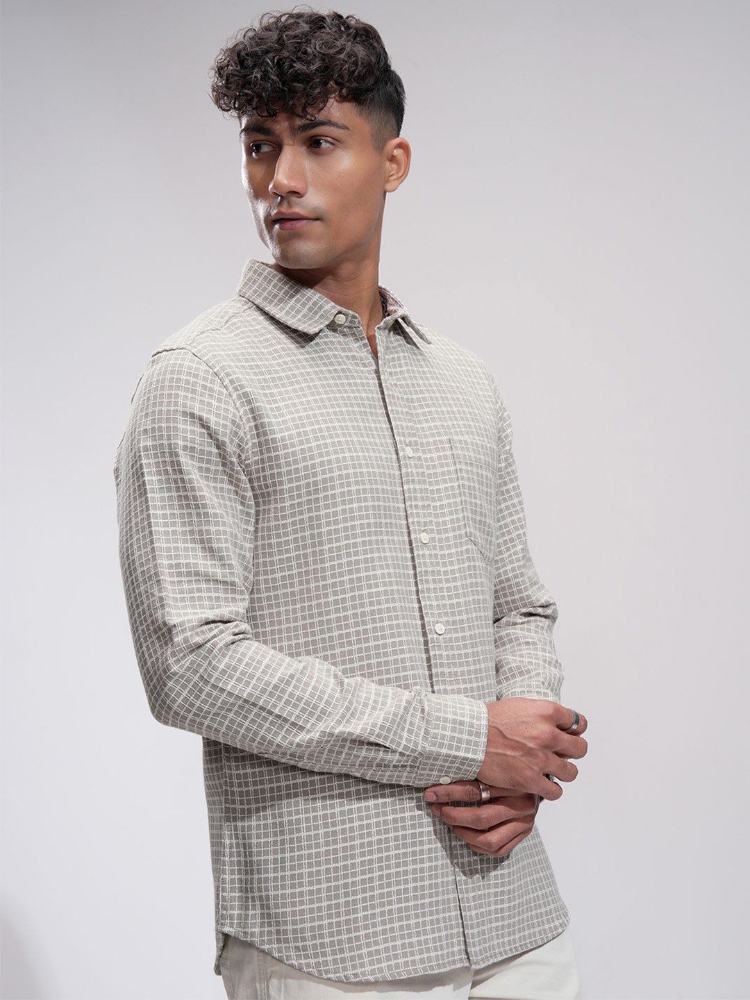 

HIGHLANDER Men Comfort Slim Fit Opaque Checked Casual Shirt, Beige