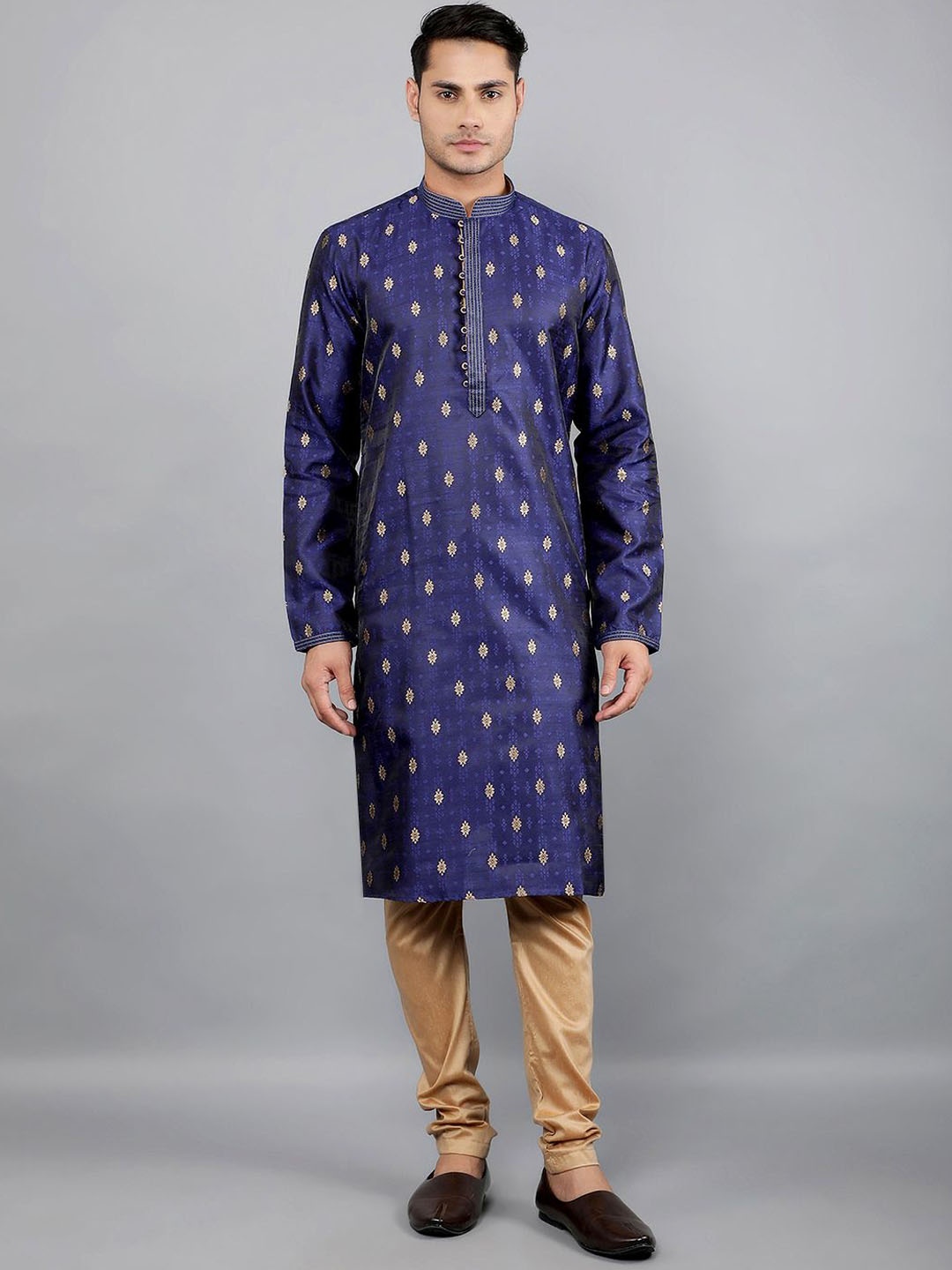 

Manish Creations Floral Woven Design Band Collar Jacquard Kurta with Churidar, Navy blue