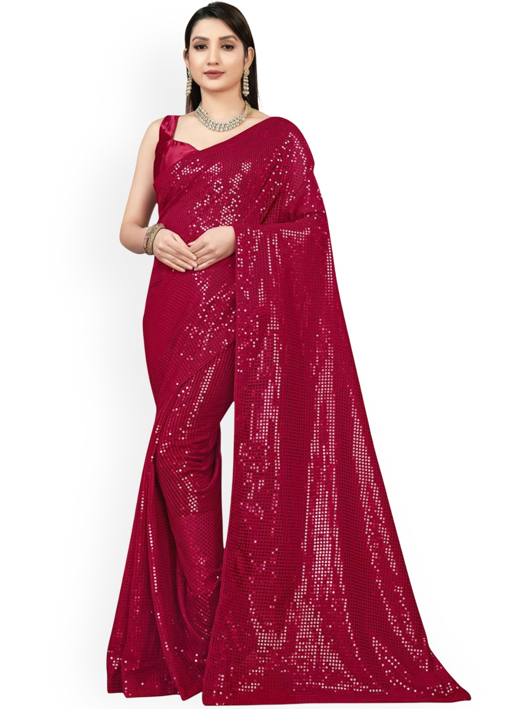 

THE52 Embellished Sequinned Saree With Blouse, Red
