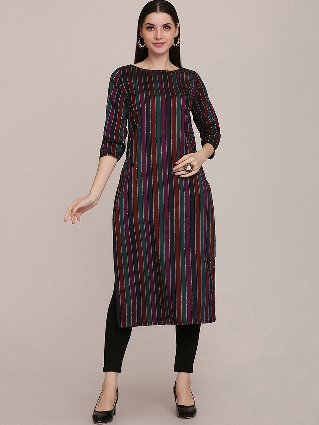 

DIVASTRI Striped Thread Work Round Neck Pure Cotton Straight Kurta, Blue