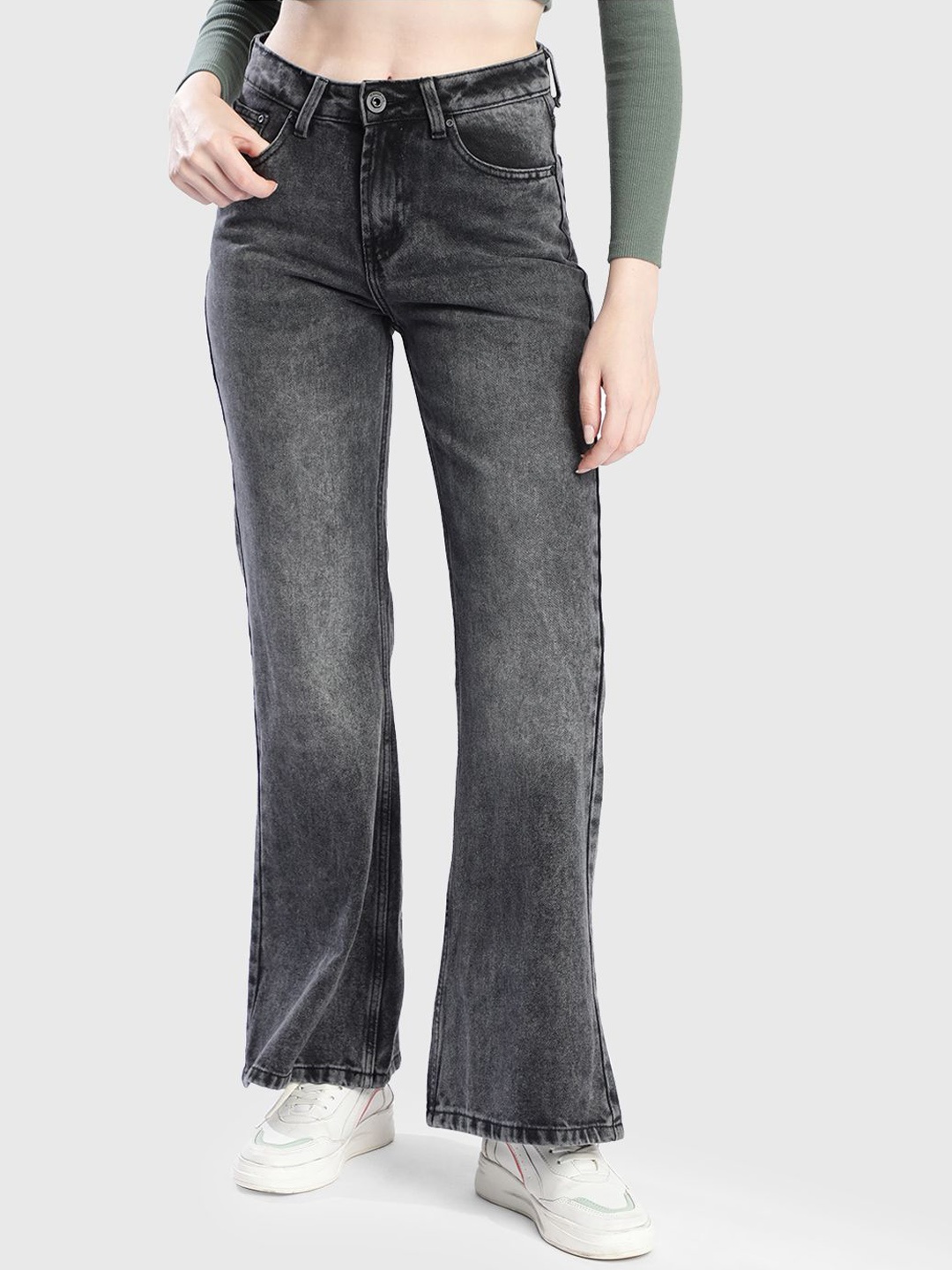 

The Roadster Lifestyle Co Cotton Bootcut Washed Jeans, Black