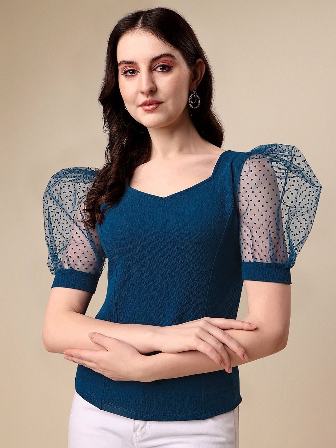 

De La Moda Sweetheart Neck Puff Sleeve Top, Blue