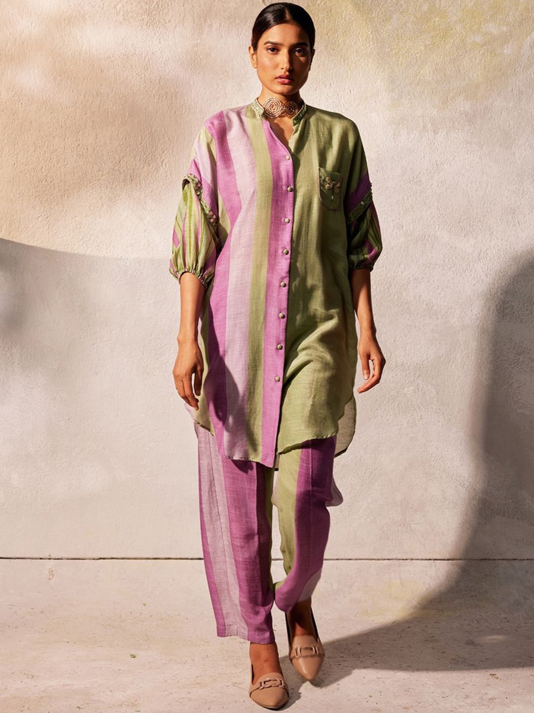

Basil leaf Striped Mandarin Collar Linen Kurta With Trousers, Olive