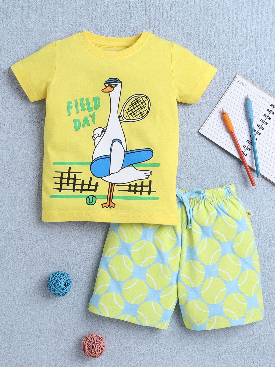

BUMZEE Boys Printed Round Neck Pure Cotton T-Shirt With Shorts, Yellow